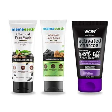 Mamaearth Charcoal Facewash 100ml+ Mamaearth Charcoal Scrub 100ml + Wow Charcoal Peel Off Mask 100ml